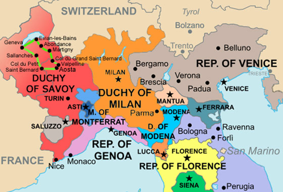 The historical Duchy of Savoy covering three of today's countries, France, Switerland, Italy. Our alpine motorbike tour covered the part in green within the ancient Duchy.