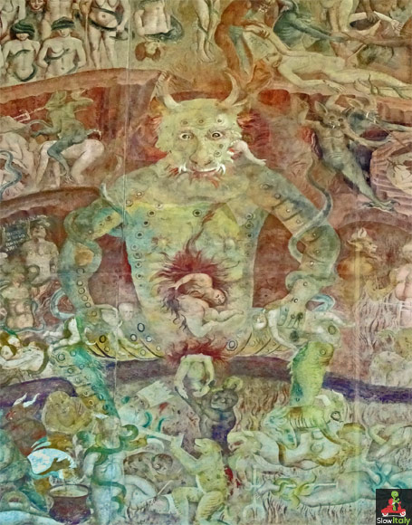 Lucifer, detail of the fresco "Hell" by Buffalmacco, Camposanto Cemetery, Pisa. Photo © Slow Italy.